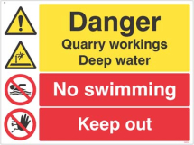 DANGER QUARRY WORKINGS, DEEP WATER, NO SWIMMING, KEEP OUT