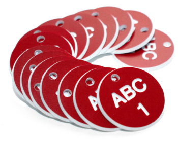 27MM ENGRAVED VALVE TAGS (EG. 1-50) WHITE TEXT ON RED