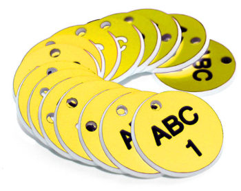 27MM ENGRAVED VALVE TAGS (EG. 1-50) BLACK TEXT ON YELLOW