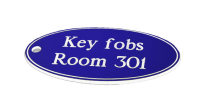 50X100MM KEY FOB OVAL - WHITE TEXT ON BLUE