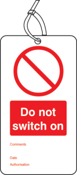 DO NOT SWITCH ON DOUBLE SIDED SAFETY TAGS (PACK OF 10)