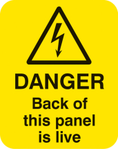DANGER BACK OF THIS PANEL IS LIVE (SHEET OF 25) 40X50MM