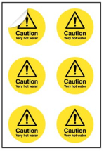 CAUTION VERY HOT WATER 65MM DIA - SHEET OF 6